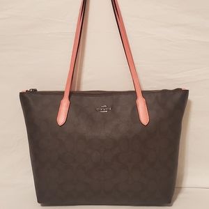 COACH Zip Top Tote In Signature Brown Canvas